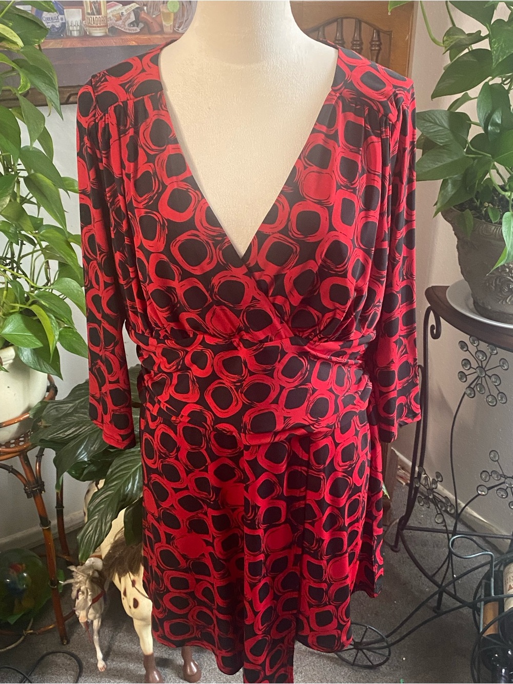 Tiana B. Red and Black Long Sleeve V-Neck Wrap Dress